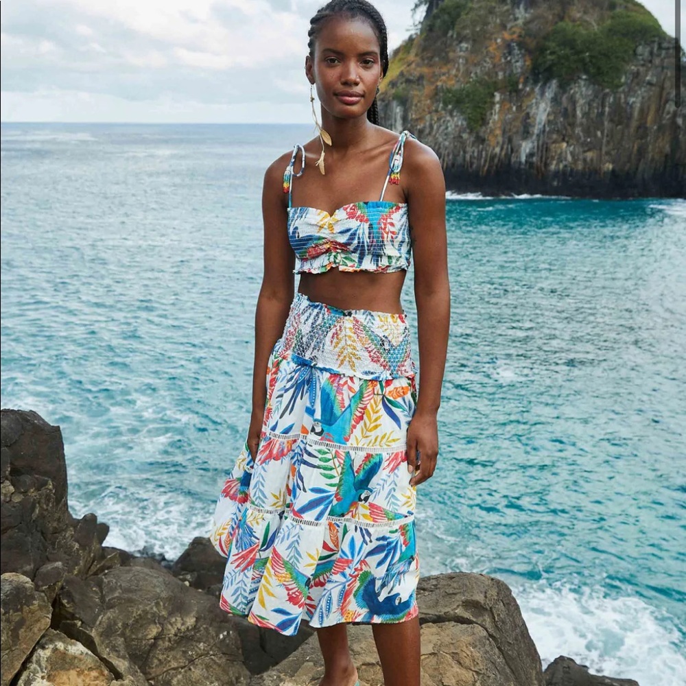 Macaw Wind Smocked Midi Skirt and Crop Top